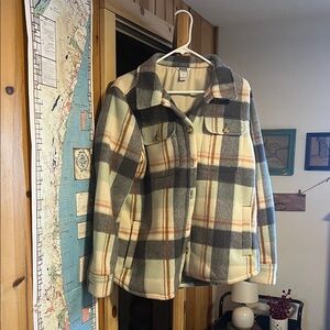 Duluth Trading Co Plaid Jacket with Gray, Cream, and Tan